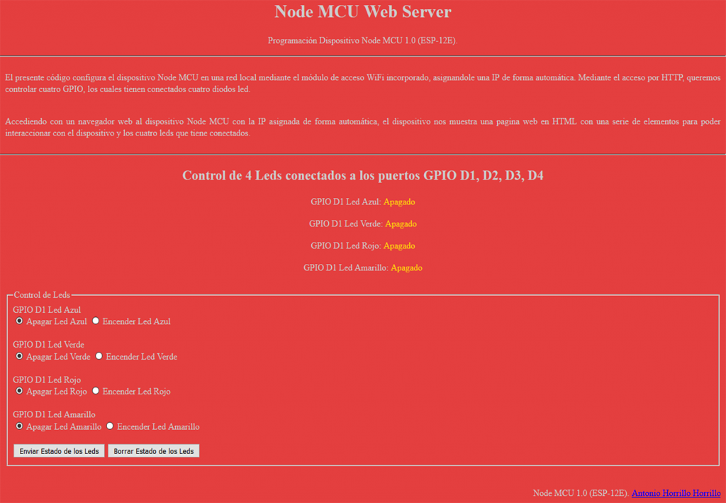 Node MCU 1.0 (ESP-12E) (ESP8266) Web Server 4 Leds Control.